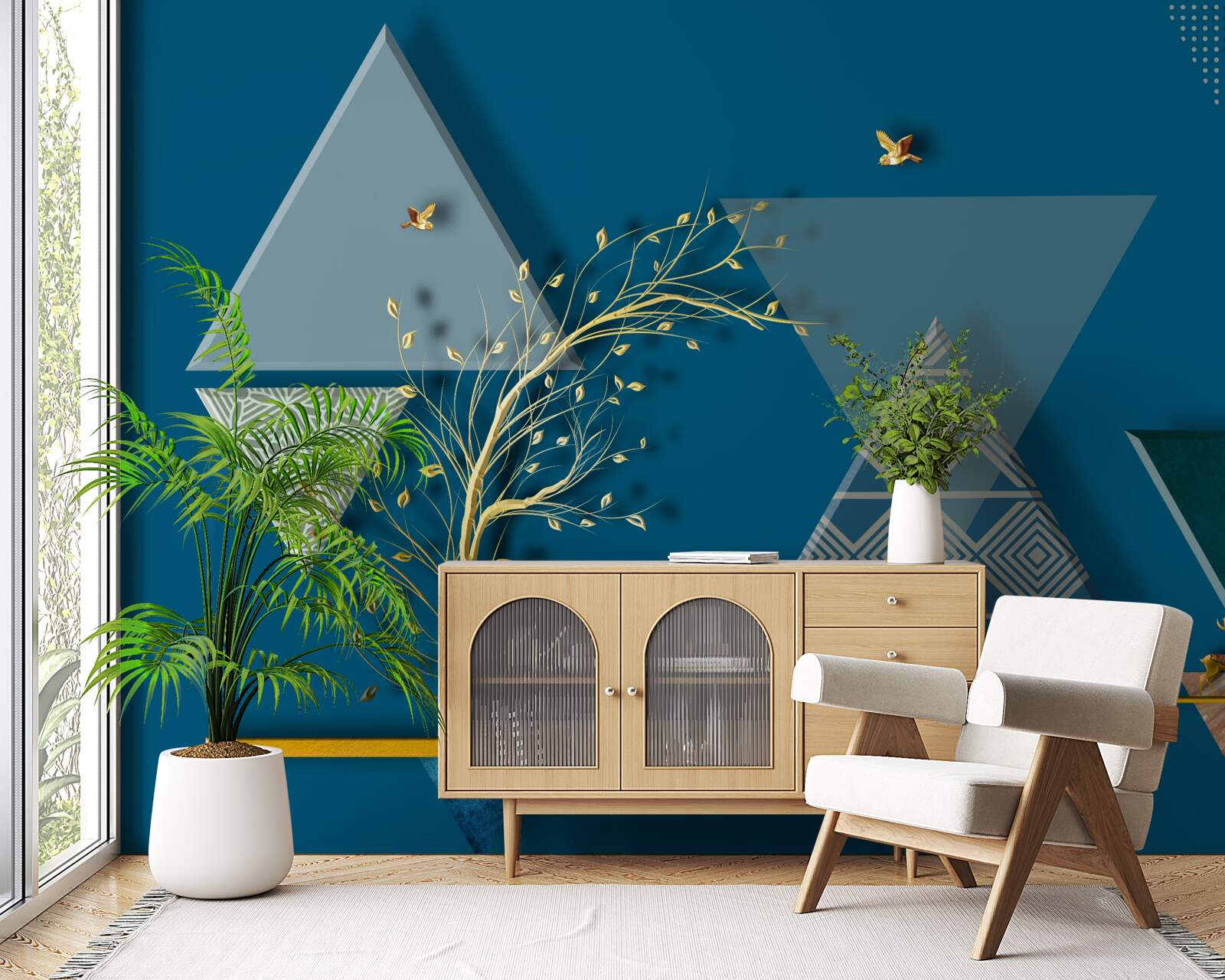 Fotobehang verschillende driehoeken op een blauwe achtergrond