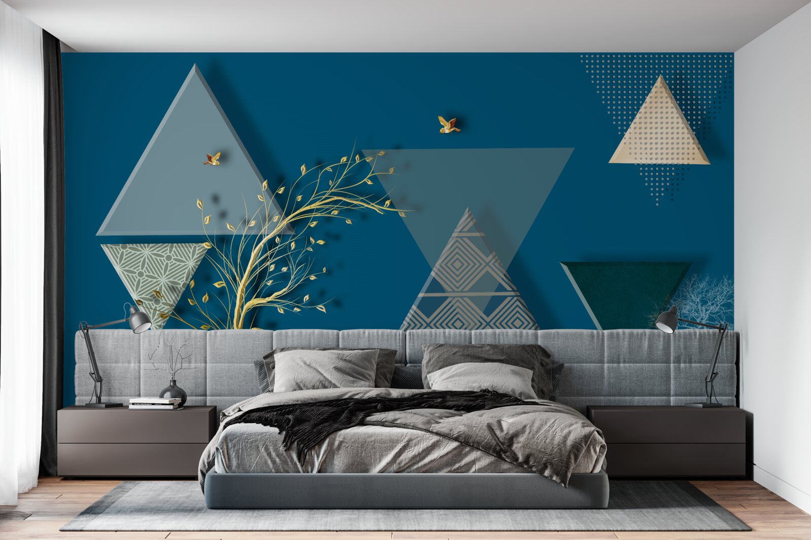 Fotobehang verschillende driehoeken op een blauwe achtergrond