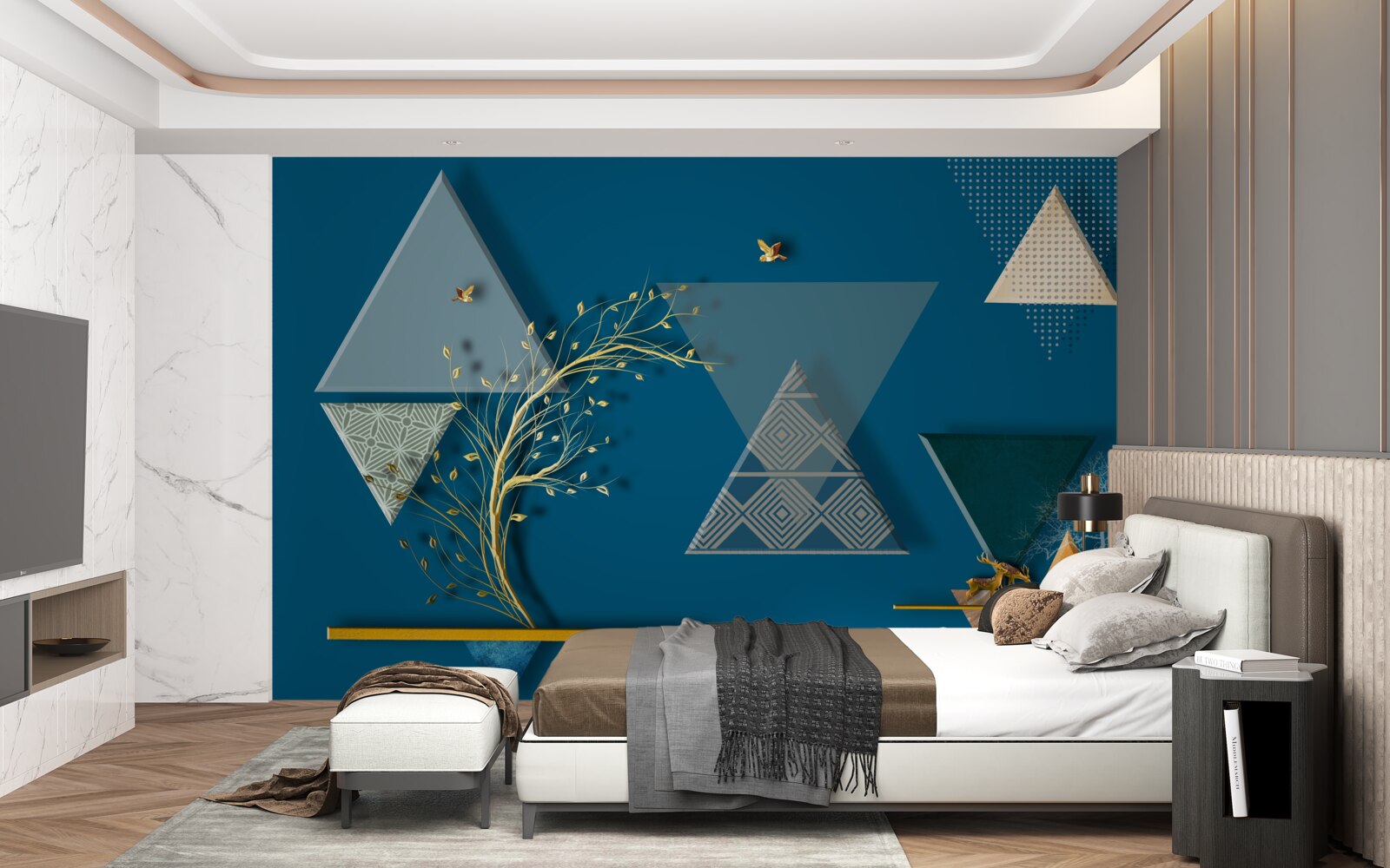 Fotobehang verschillende driehoeken op een blauwe achtergrond