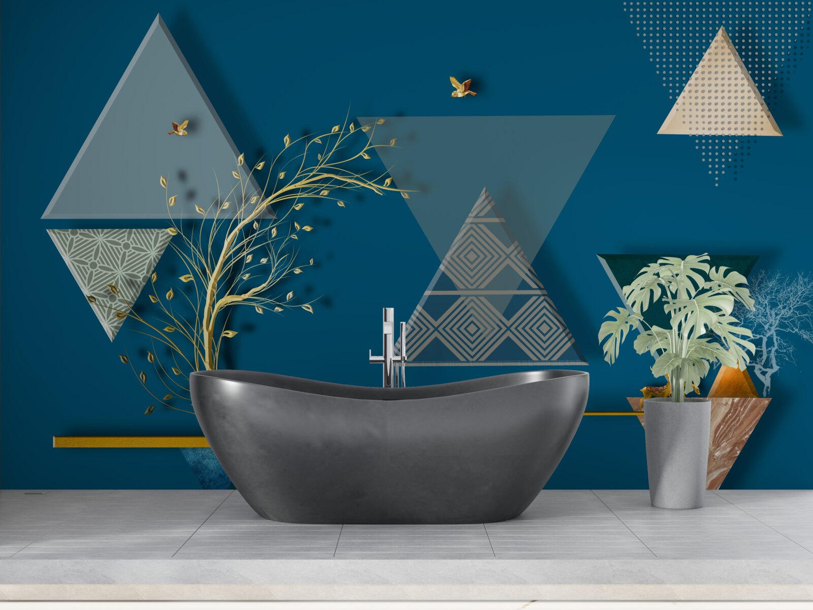 Fotobehang verschillende driehoeken op een blauwe achtergrond