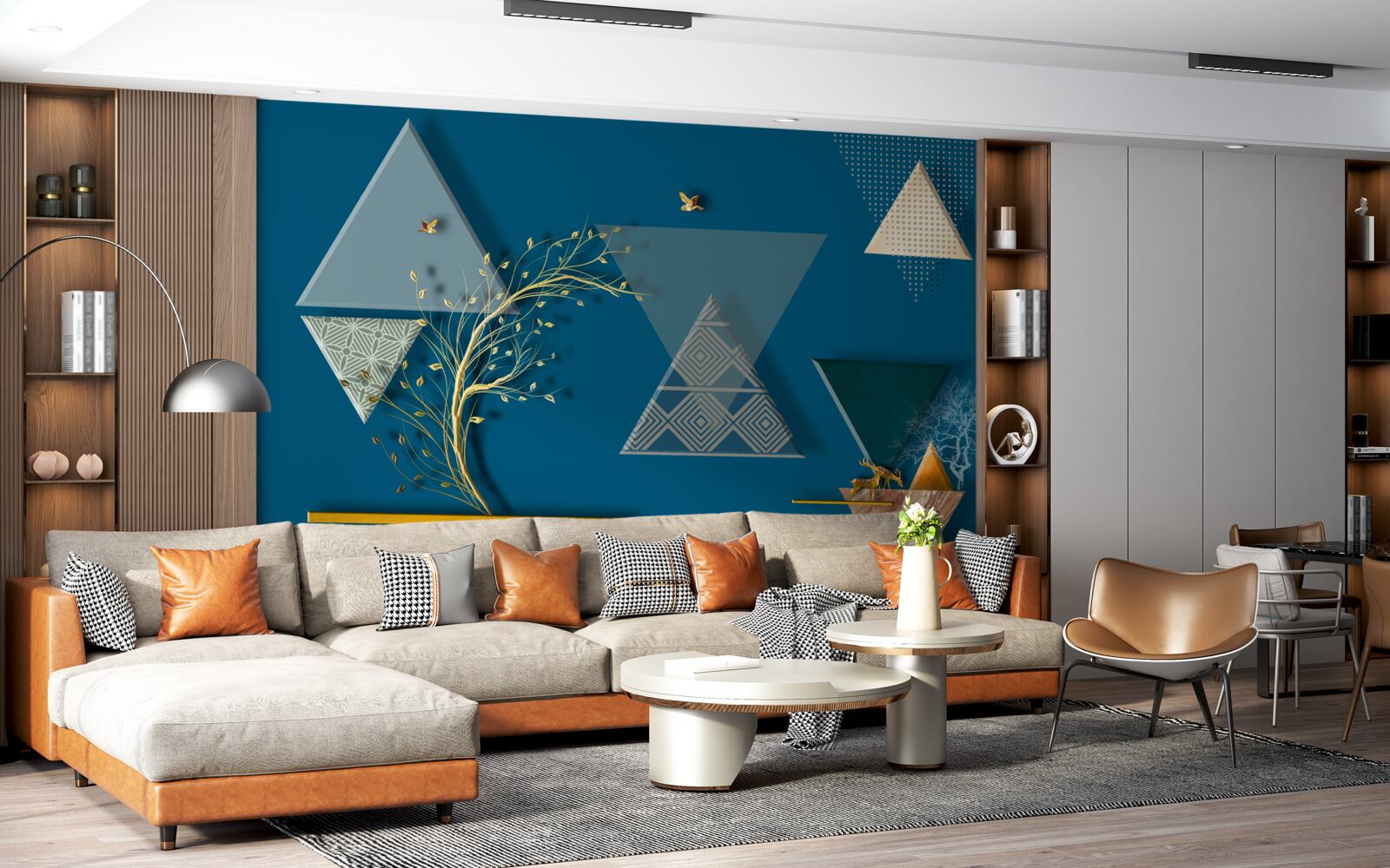 Fotobehang verschillende driehoeken op een blauwe achtergrond