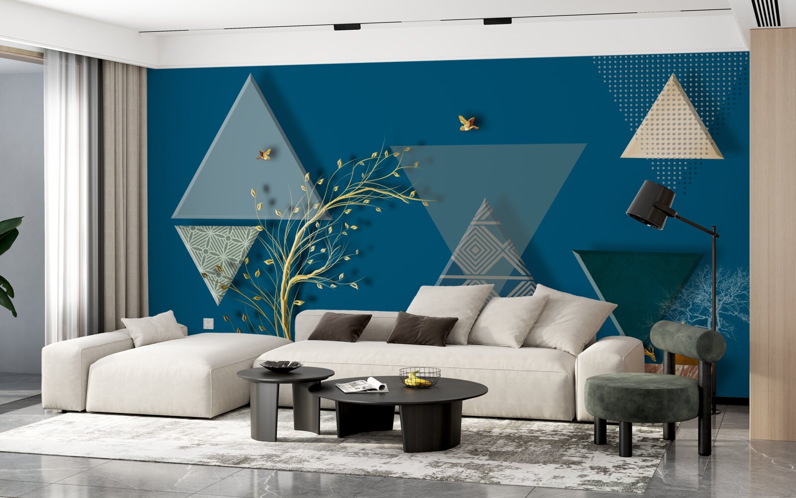 Fotobehang verschillende driehoeken op een blauwe achtergrond