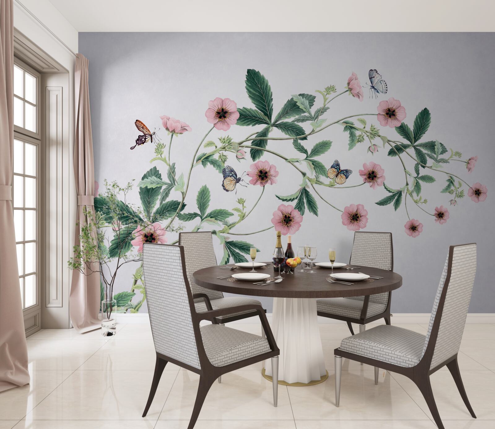 Fotobehang roze knoppen op takken op grijze achtergrond