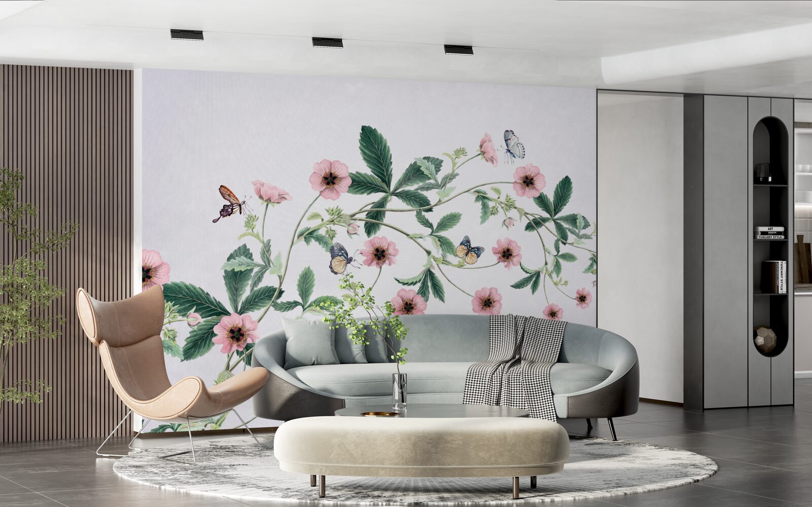 Fotobehang roze knoppen op takken op grijze achtergrond