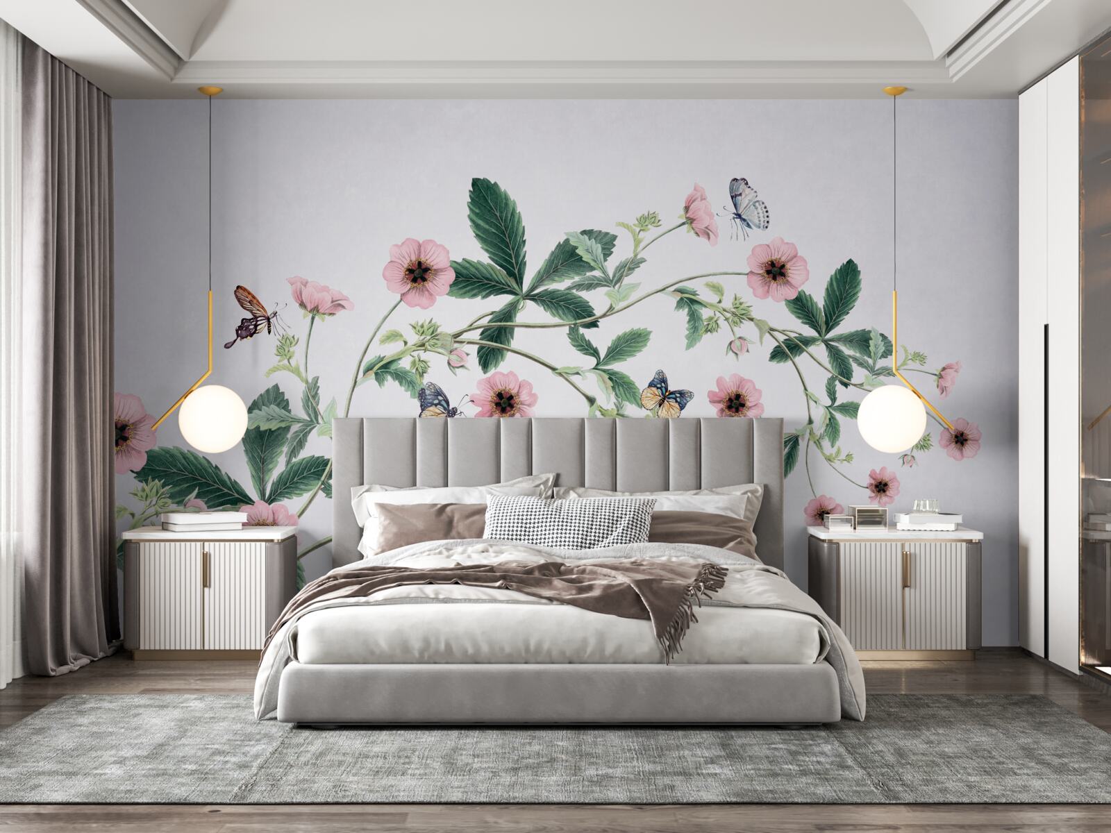 Fotobehang roze knoppen op takken op grijze achtergrond