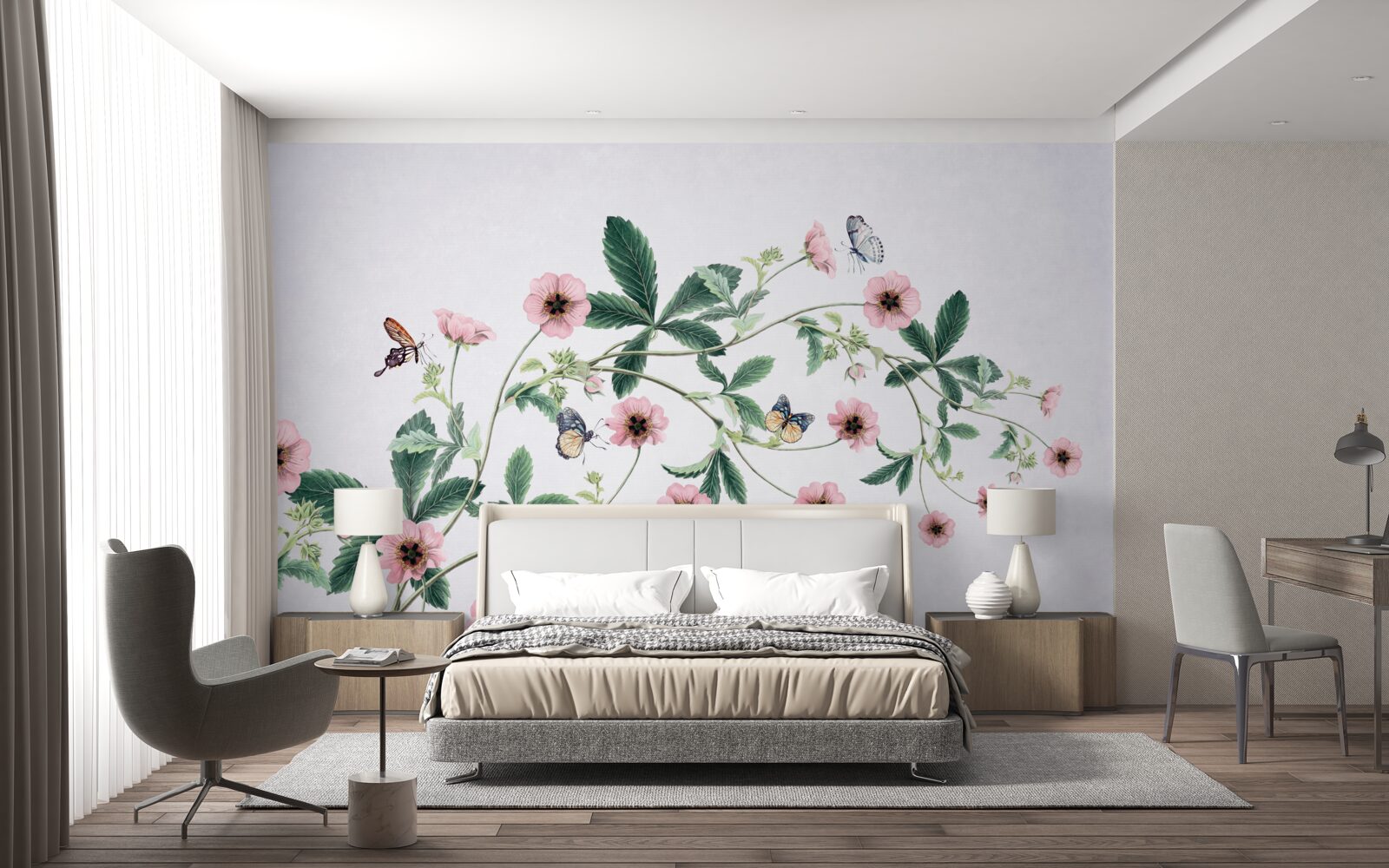 Fotobehang roze knoppen op takken op grijze achtergrond