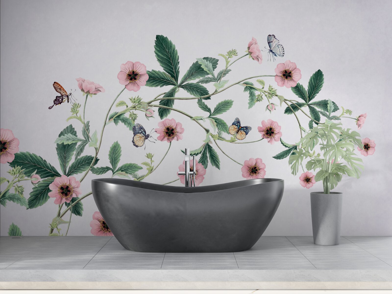 Fotobehang roze knoppen op takken op grijze achtergrond