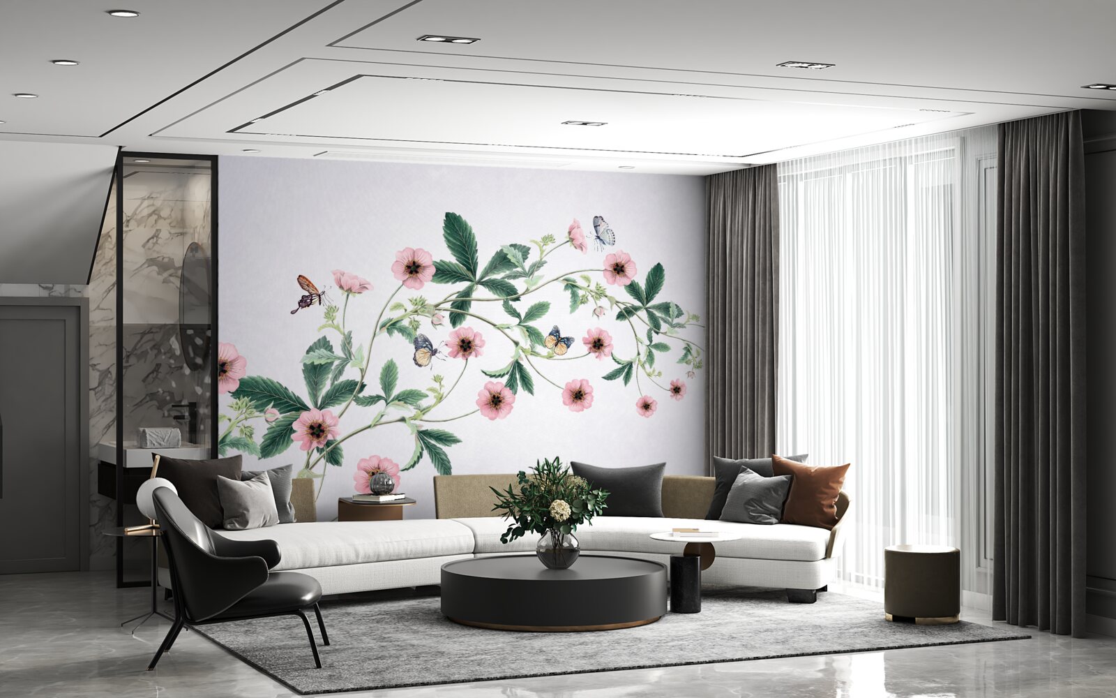 Fotobehang roze knoppen op takken op grijze achtergrond