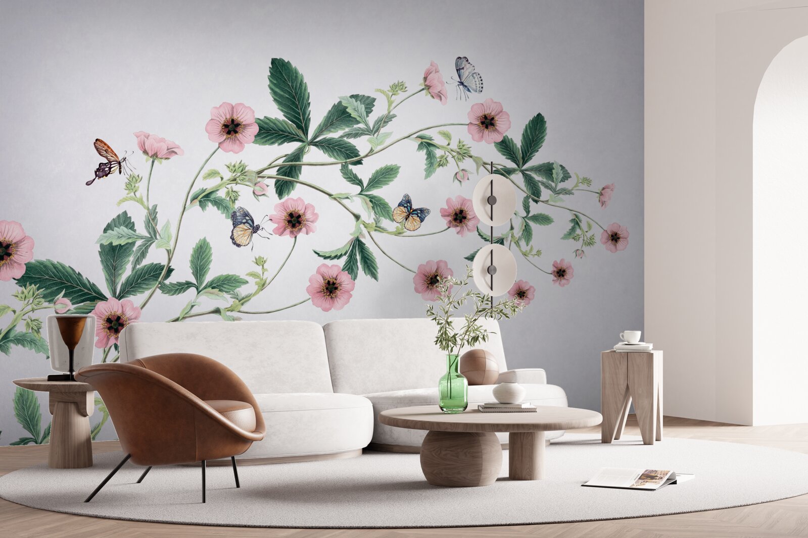 Fotobehang roze knoppen op takken op grijze achtergrond