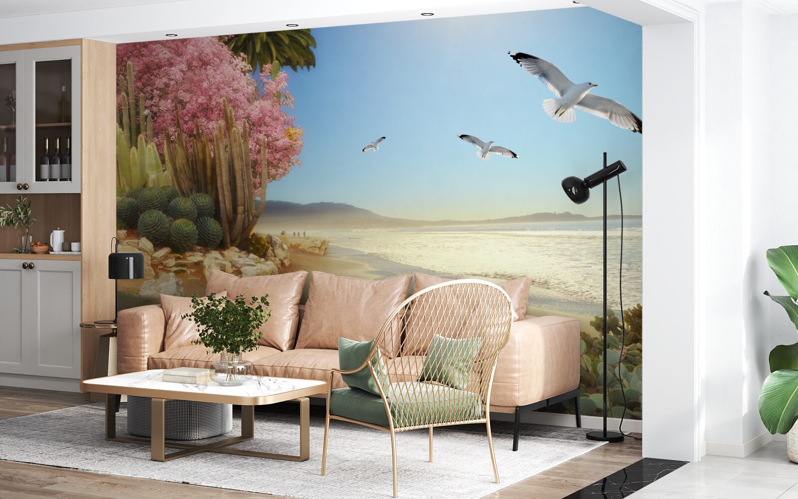 Fotobehang een zwerm meeuwen vliegt over een kalme kust