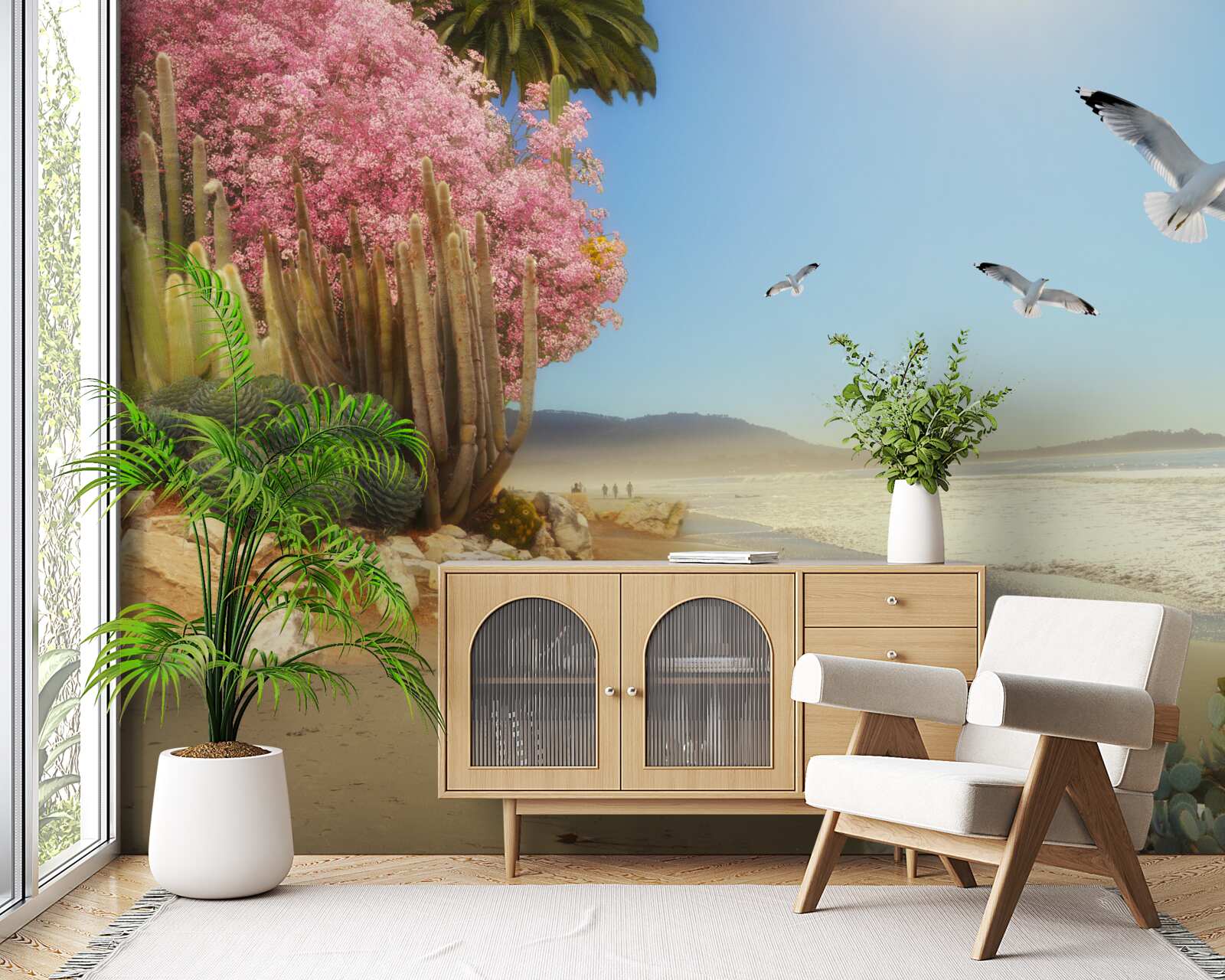 Fotobehang een zwerm meeuwen vliegt over een kalme kust