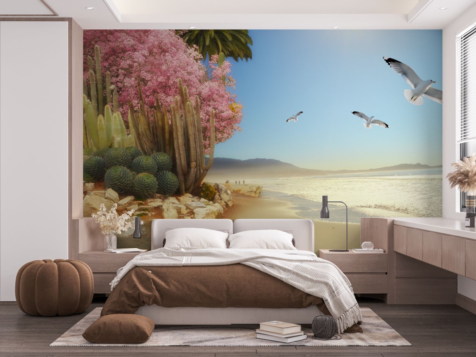 Fotobehang een zwerm meeuwen vliegt over een kalme kust