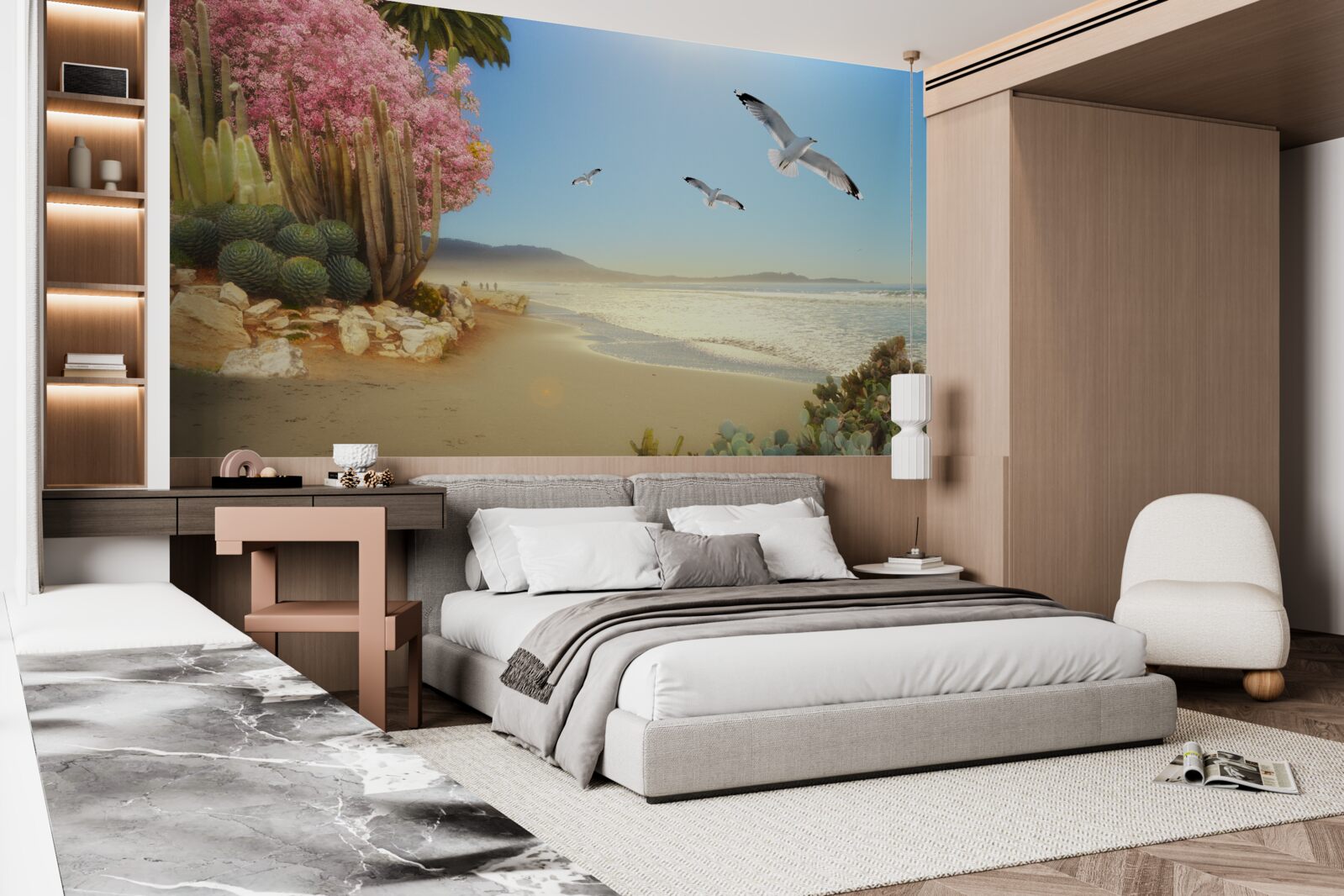 Fotobehang een zwerm meeuwen vliegt over een kalme kust