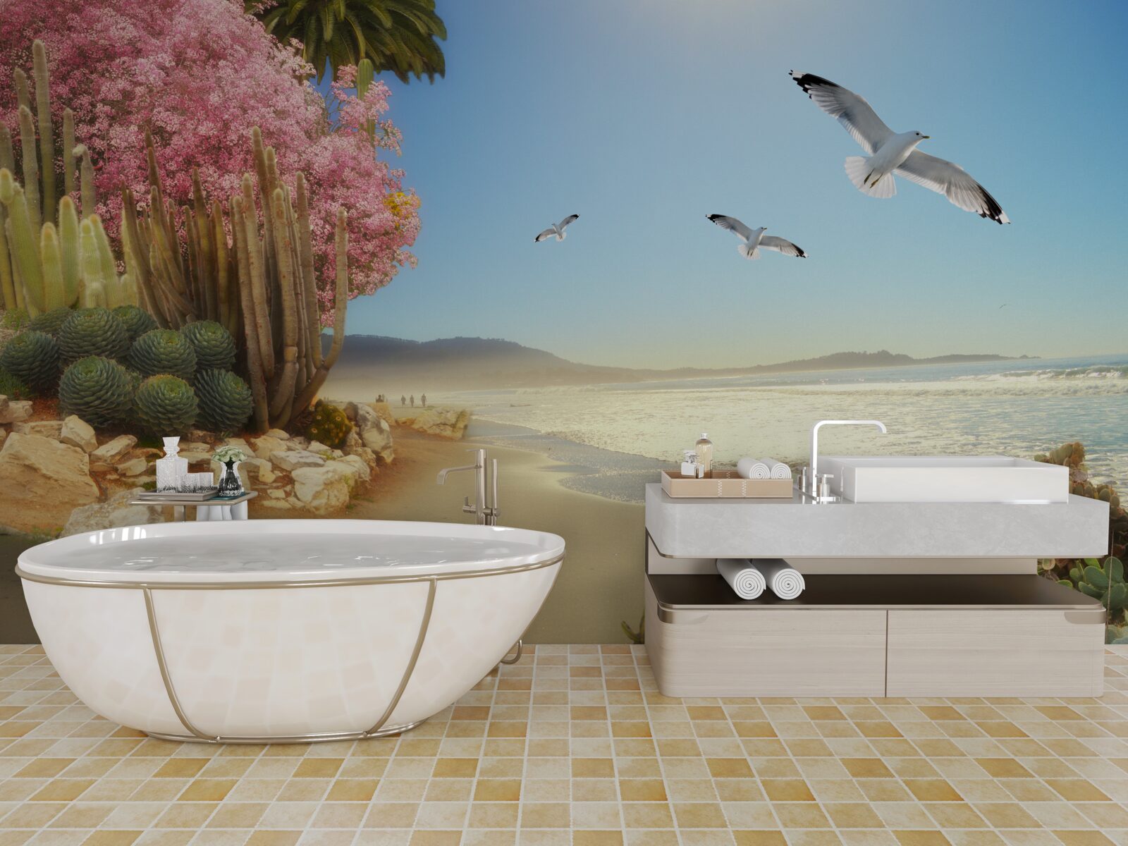 Fotobehang een zwerm meeuwen vliegt over een kalme kust