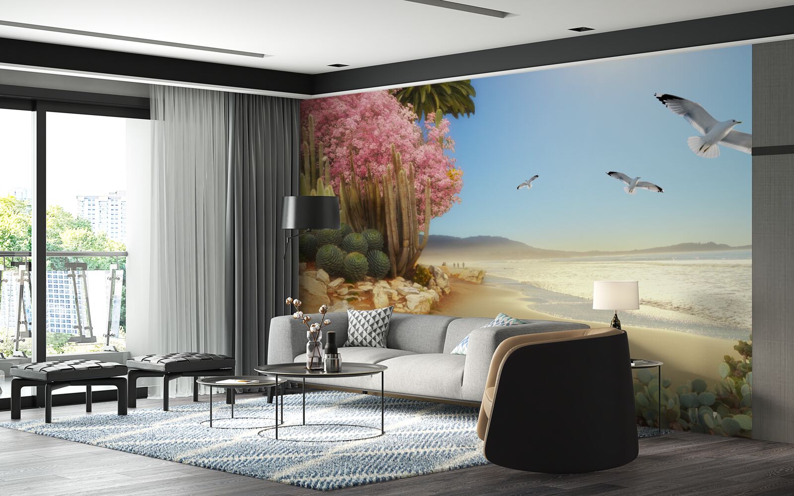 Fotobehang een zwerm meeuwen vliegt over een kalme kust