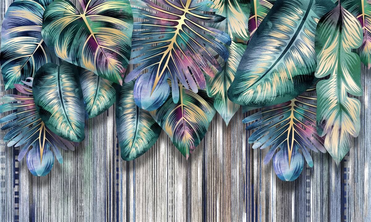 Fotobehang tropische bladeren in felle kleuren worden ondersteboven gekeerd