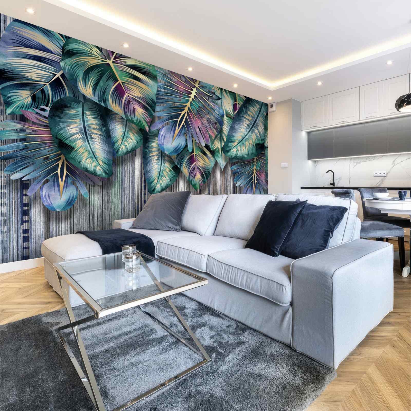 Fotobehang tropische bladeren in felle kleuren worden ondersteboven gekeerd