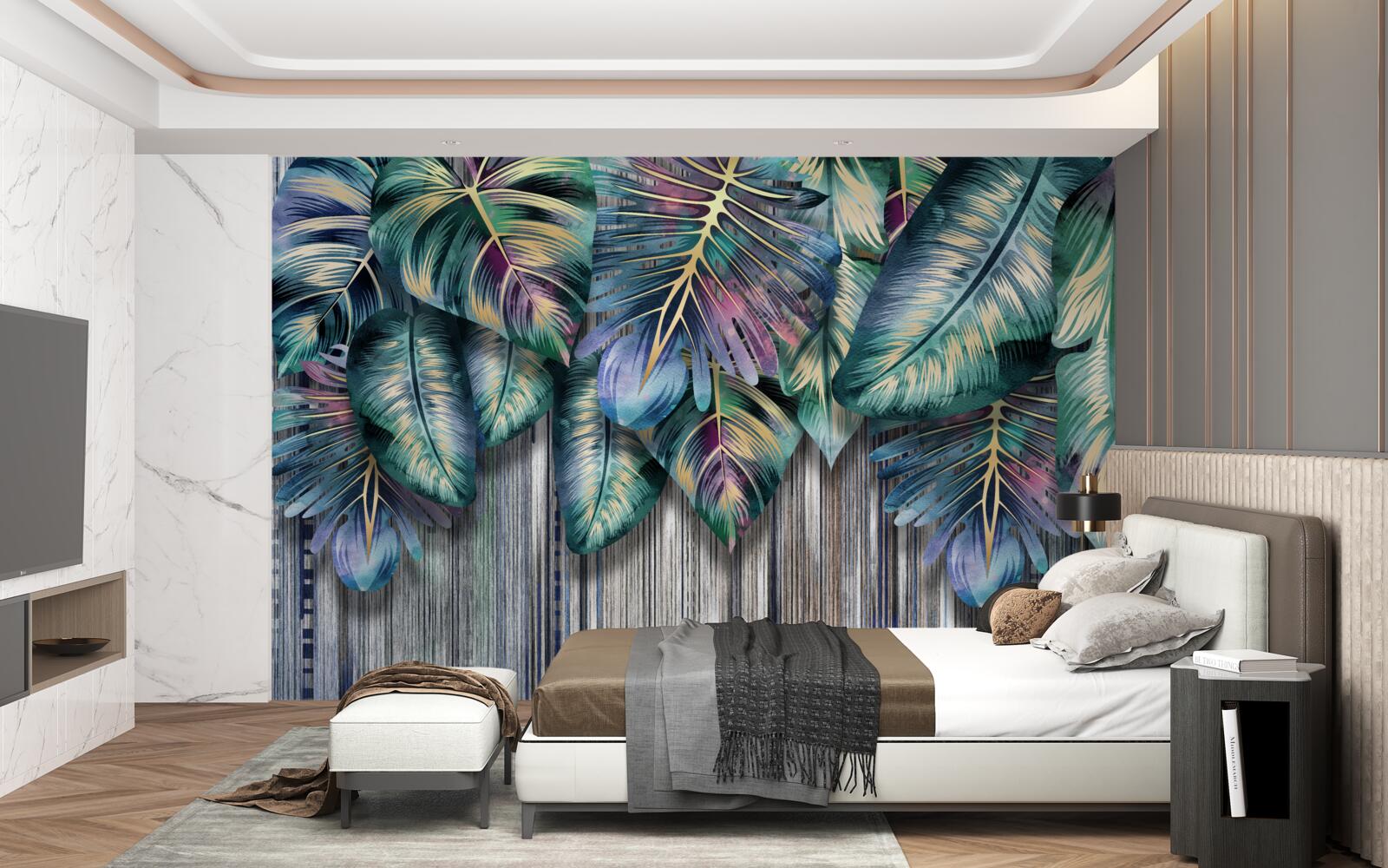 Fotobehang tropische bladeren in felle kleuren worden ondersteboven gekeerd