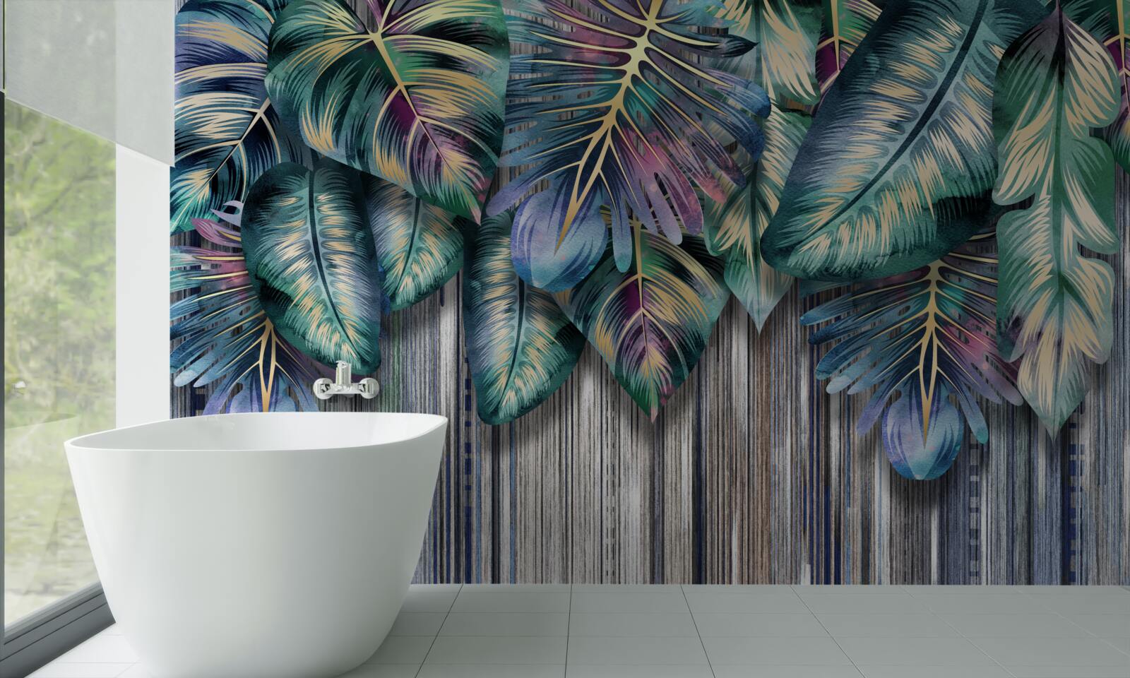 Fotobehang tropische bladeren in felle kleuren worden ondersteboven gekeerd