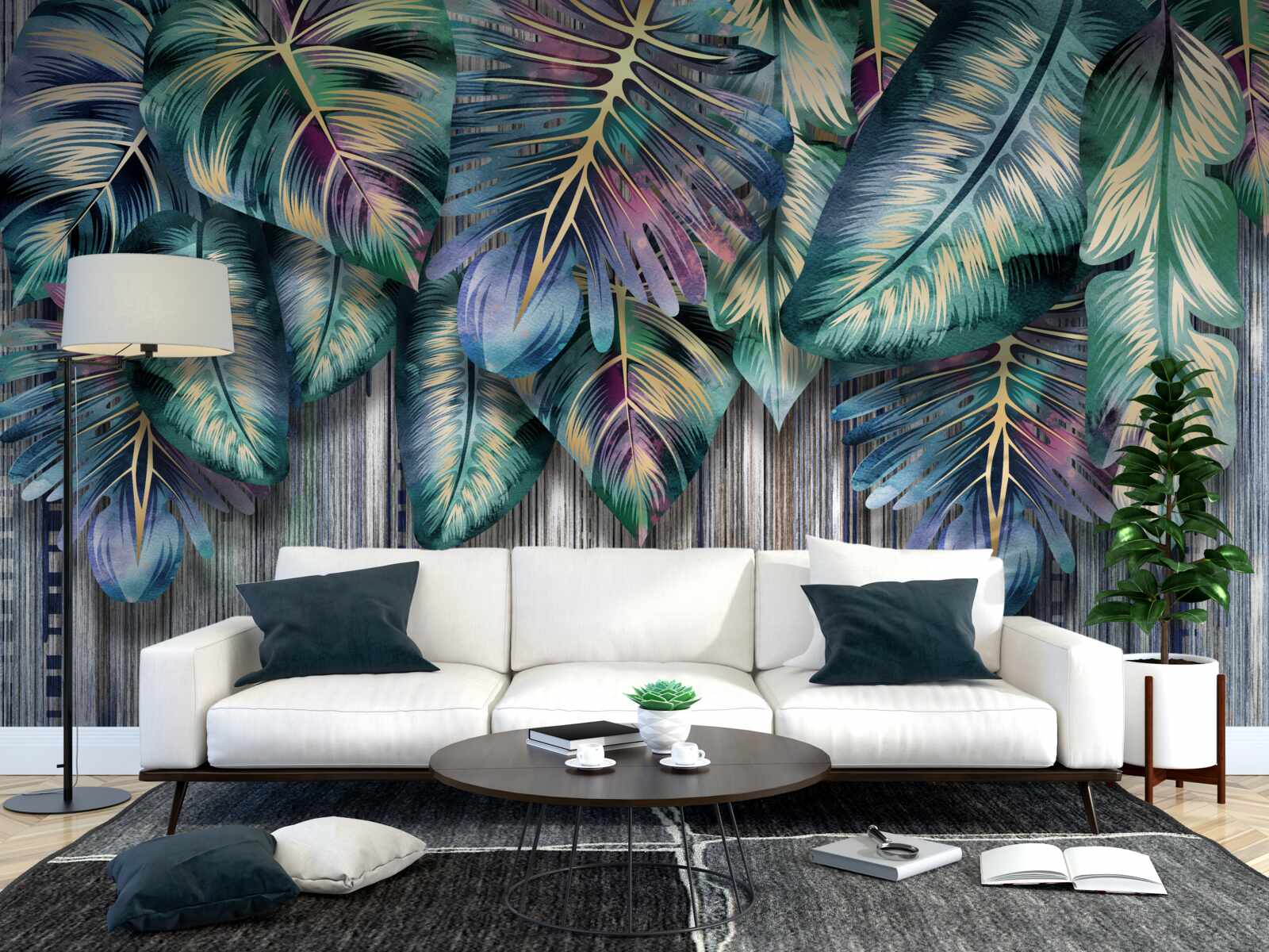 Fotobehang tropische bladeren in felle kleuren worden ondersteboven gekeerd