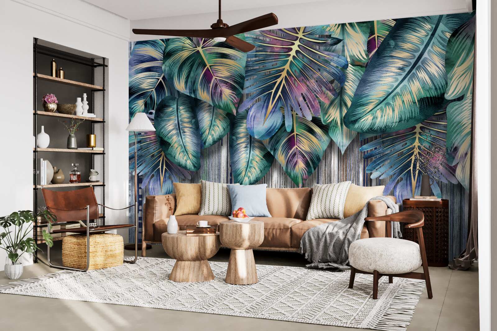 Fotobehang tropische bladeren in felle kleuren worden ondersteboven gekeerd