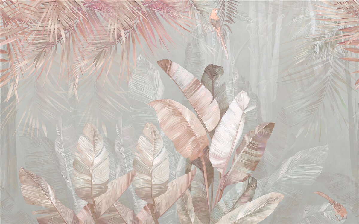 Fotobehang mist hult de bladeren van de tropen in een lichtbruine tint