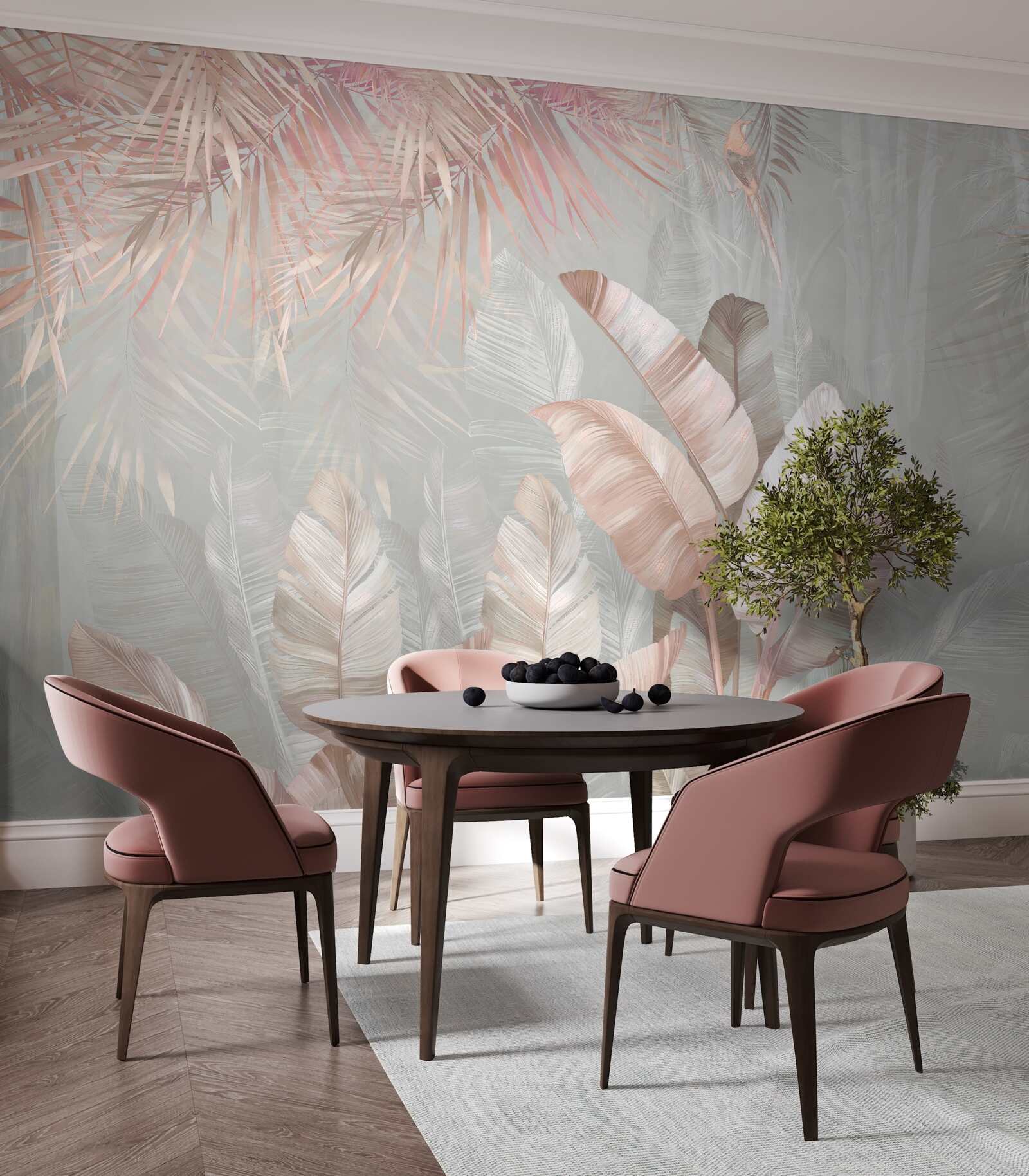 Fotobehang mist hult de bladeren van de tropen in een lichtbruine tint