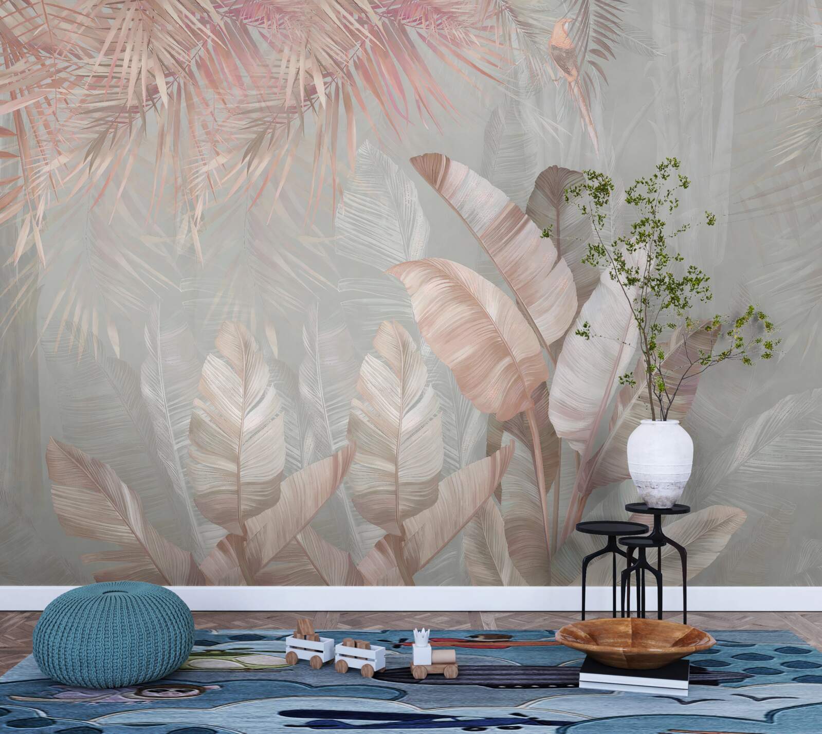 Fotobehang mist hult de bladeren van de tropen in een lichtbruine tint