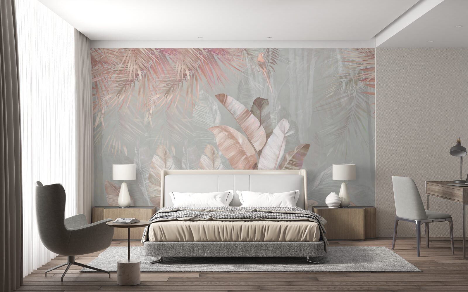 Fotobehang mist hult de bladeren van de tropen in een lichtbruine tint