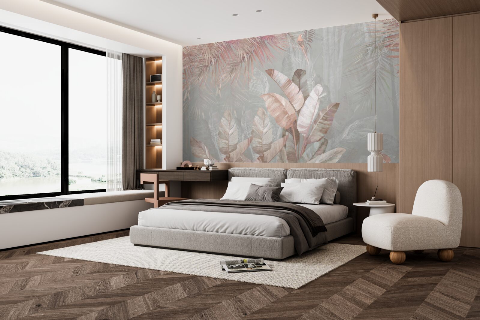 Fotobehang mist hult de bladeren van de tropen in een lichtbruine tint