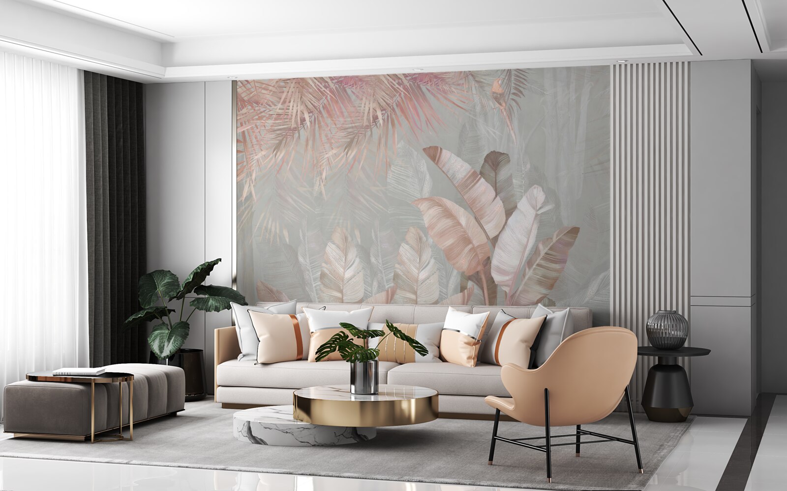 Fotobehang mist hult de bladeren van de tropen in een lichtbruine tint