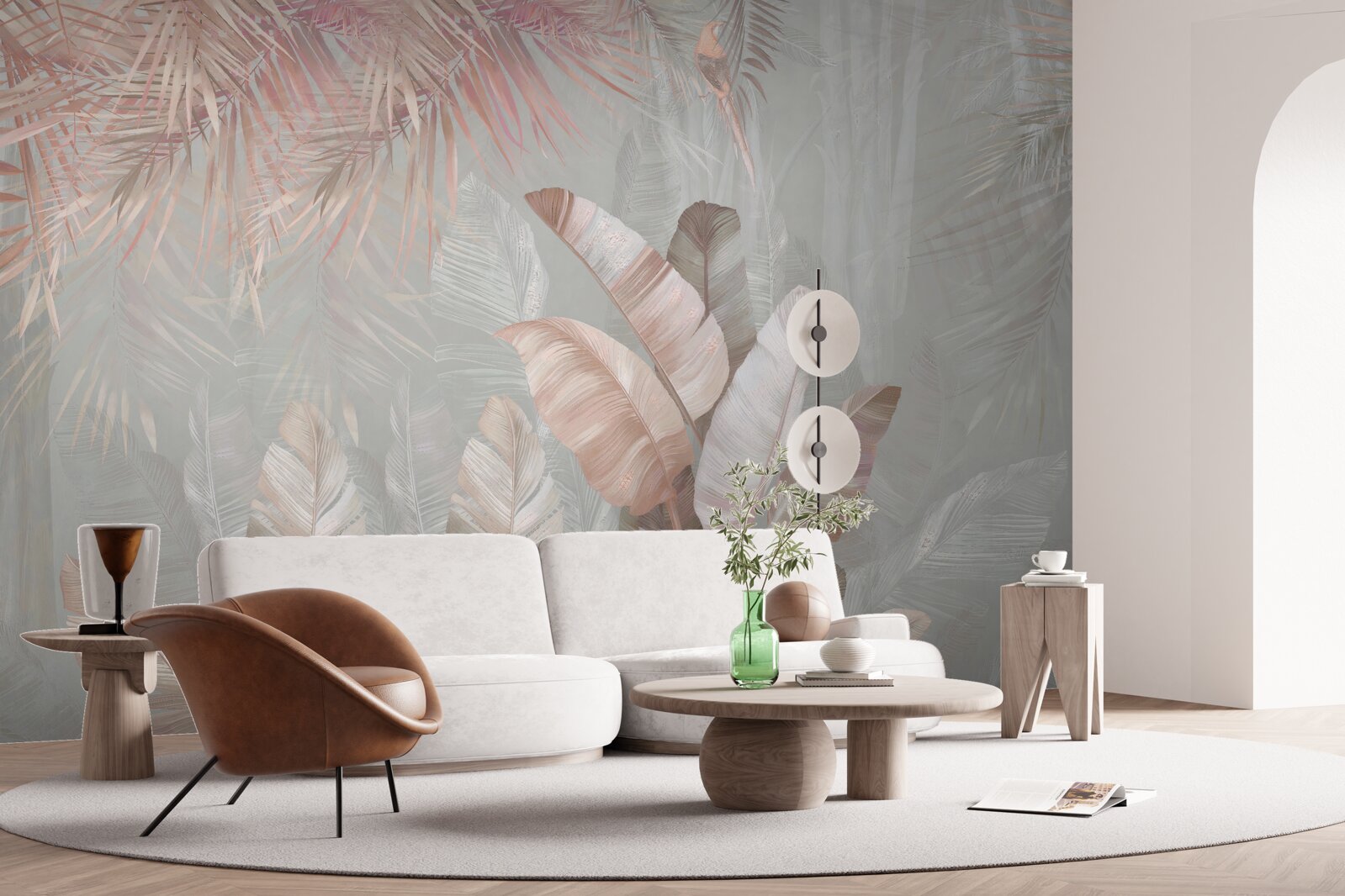 Fotobehang mist hult de bladeren van de tropen in een lichtbruine tint