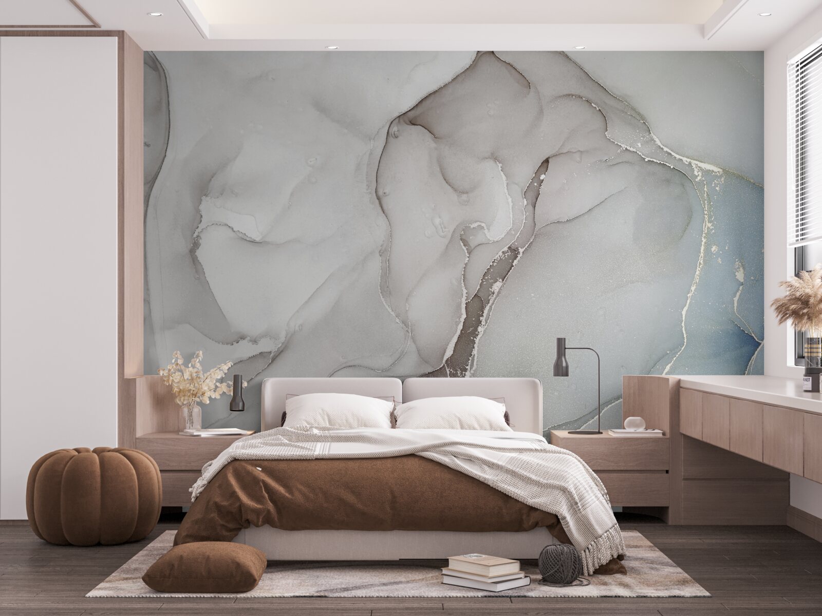 Fotobehang lichtgrijs marmer afgewisseld met goud- en blauwtinten