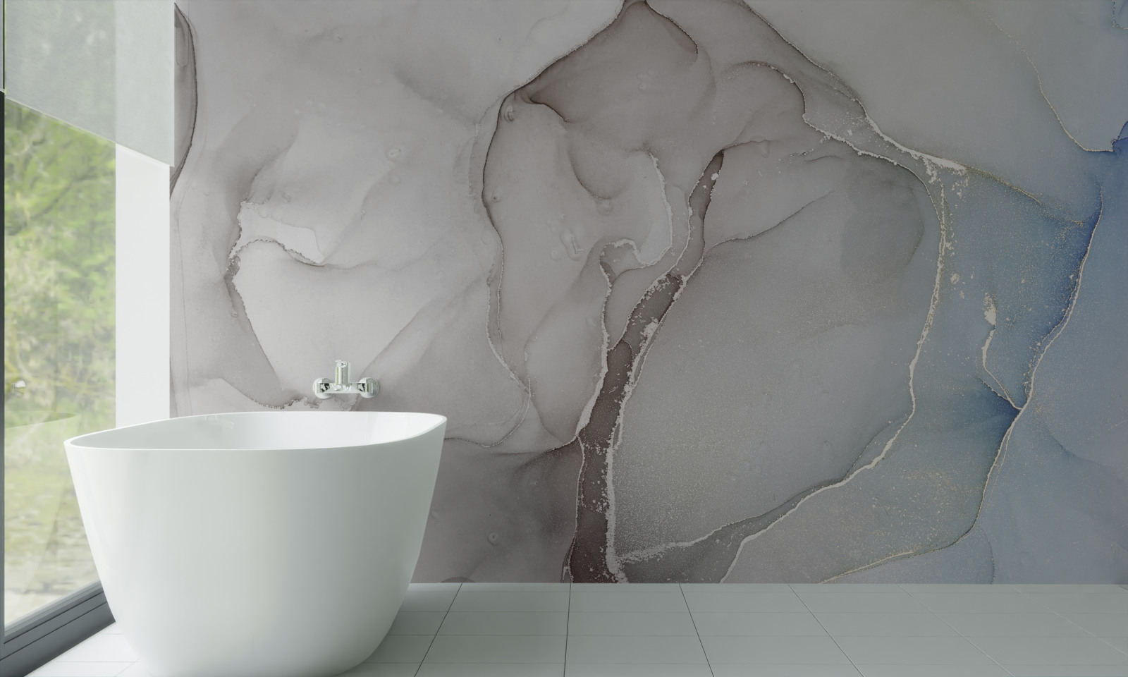 Fotobehang lichtgrijs marmer afgewisseld met goud- en blauwtinten