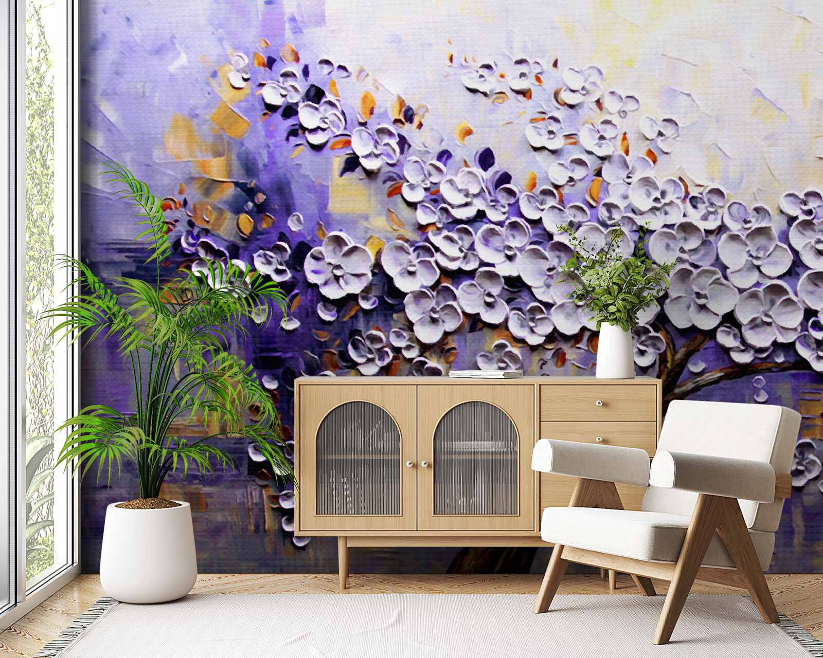 Fotobehang lichte en heldere bloemen bloeien aan de boom