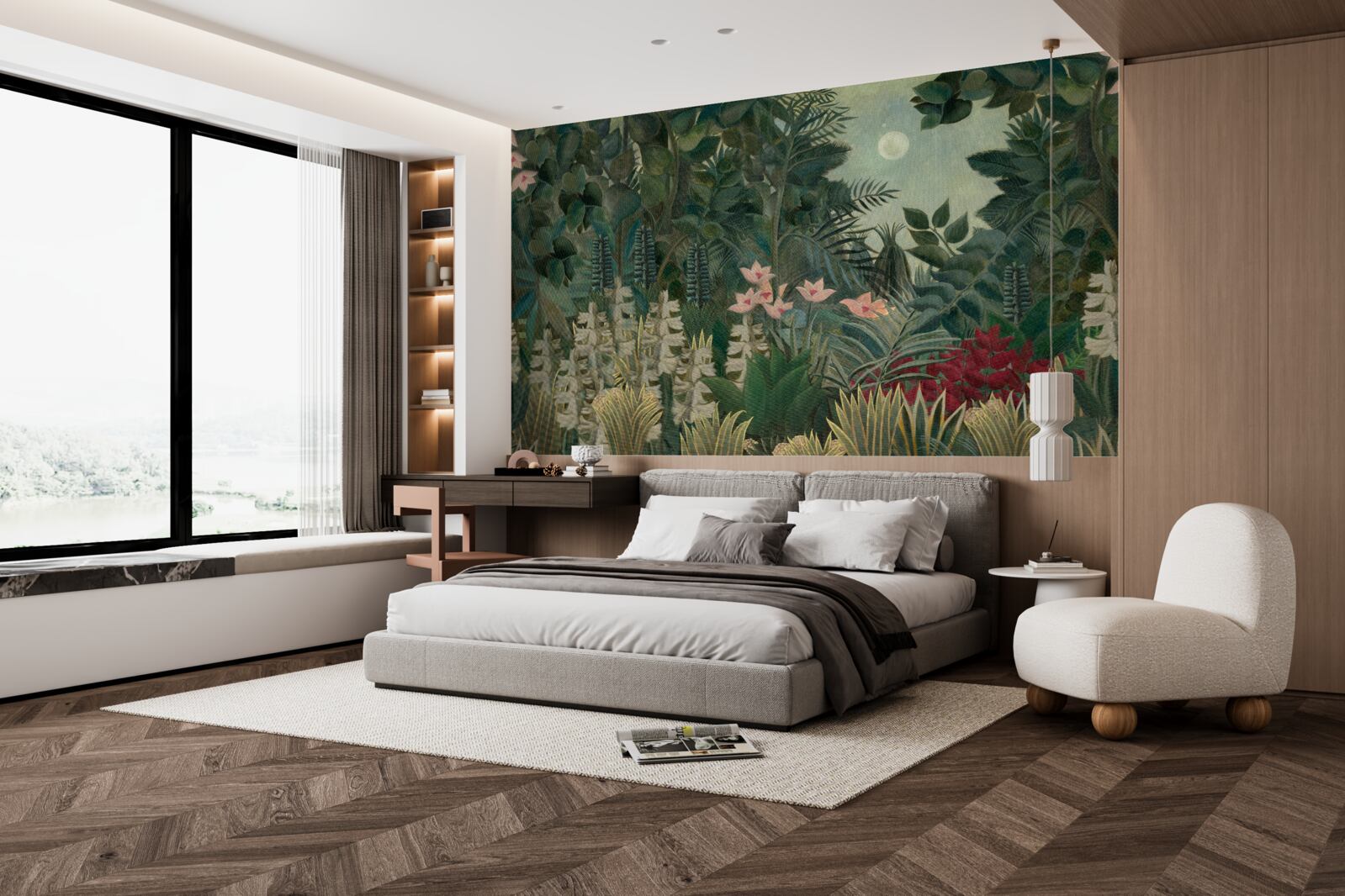 Fotobehang de maan schijnt in de nachtelijke hemel boven het groene regenwoud