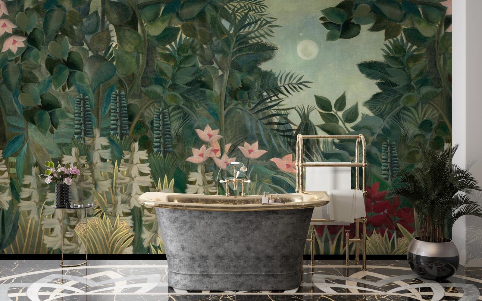 Fotobehang de maan schijnt in de nachtelijke hemel boven het groene regenwoud