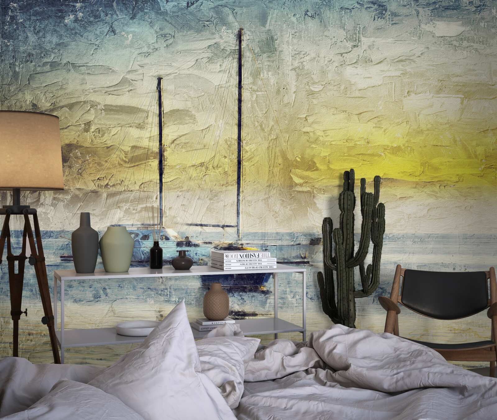 Fotobehang zonsondergang kleurt de jachten in de baai