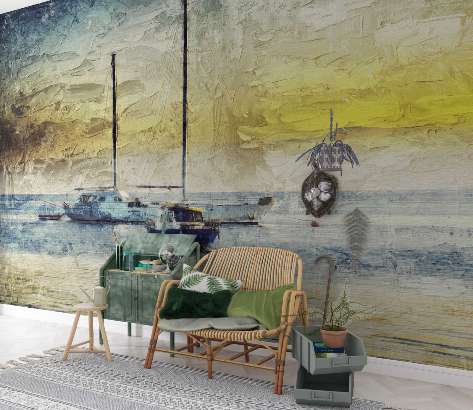 Fotobehang zonsondergang kleurt de jachten in de baai