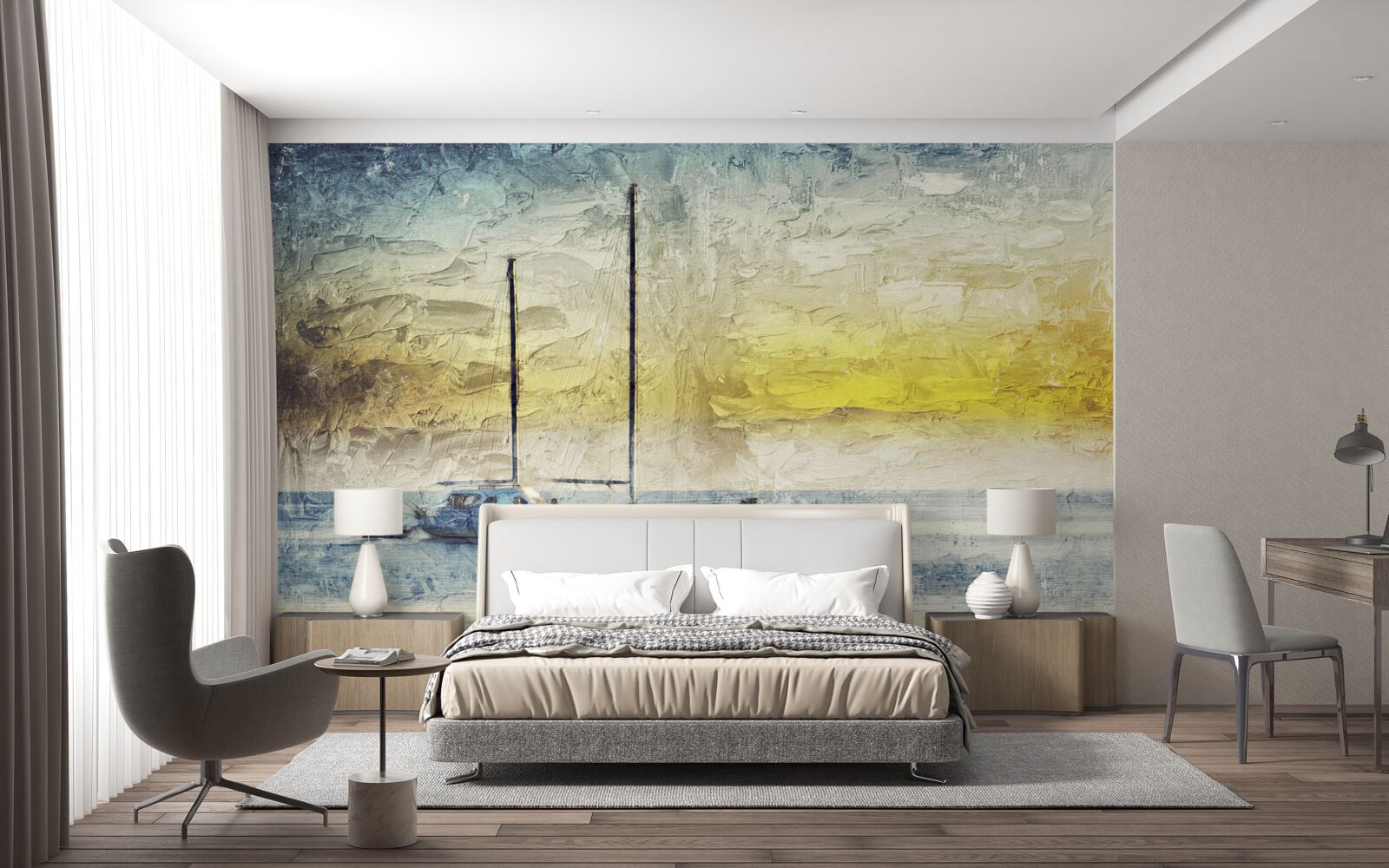 Fotobehang zonsondergang kleurt de jachten in de baai