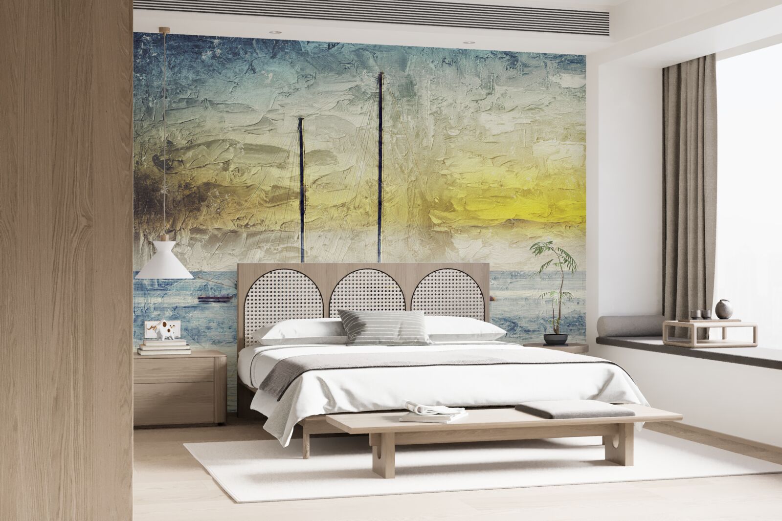 Fotobehang zonsondergang kleurt de jachten in de baai