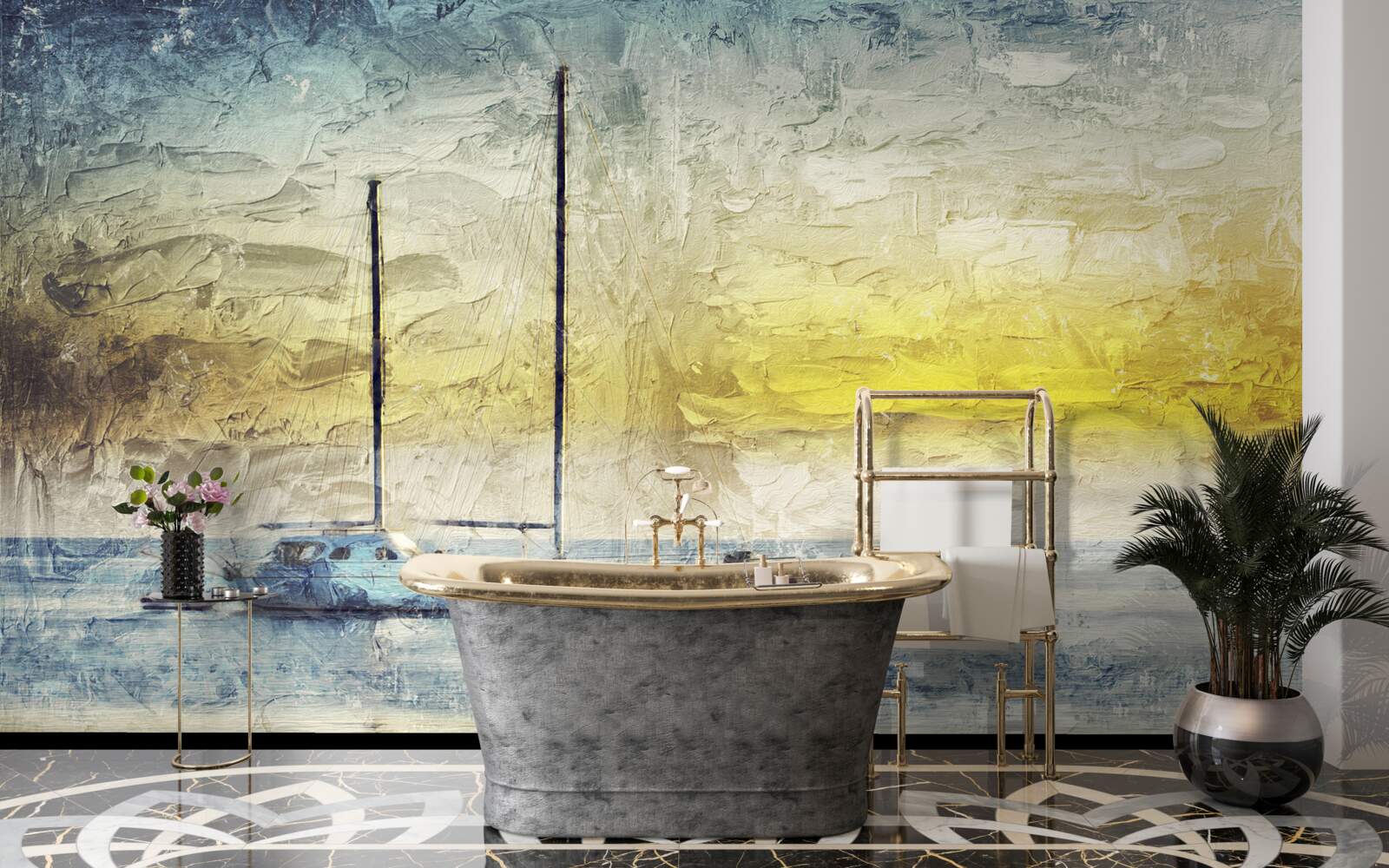 Fotobehang zonsondergang kleurt de jachten in de baai