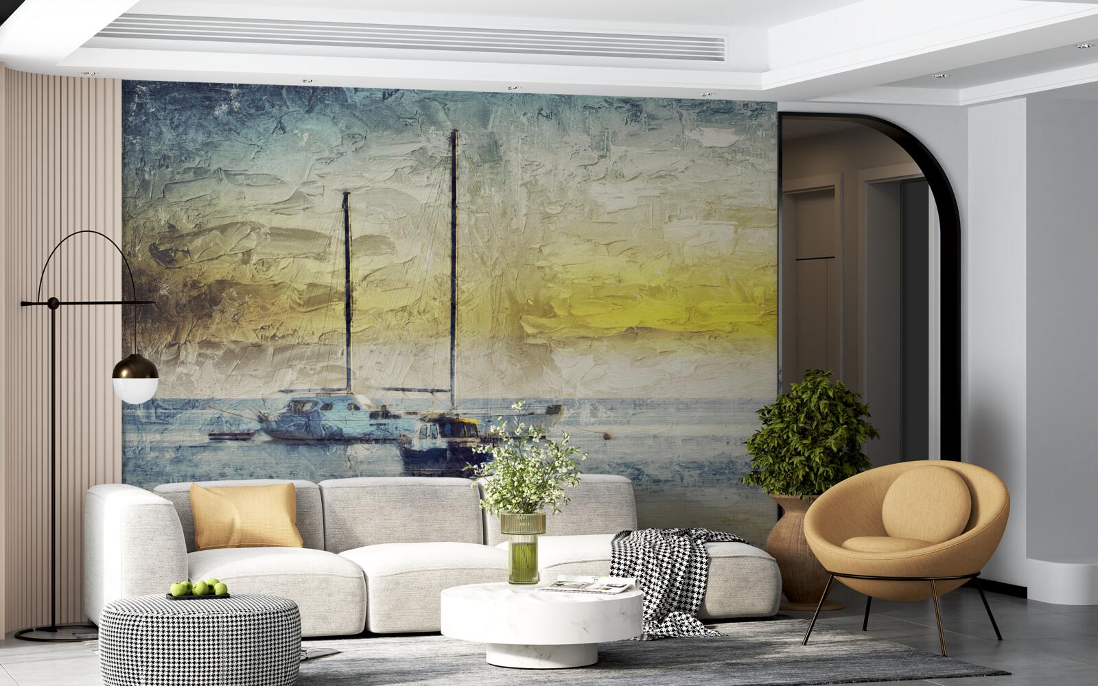 Fotobehang zonsondergang kleurt de jachten in de baai