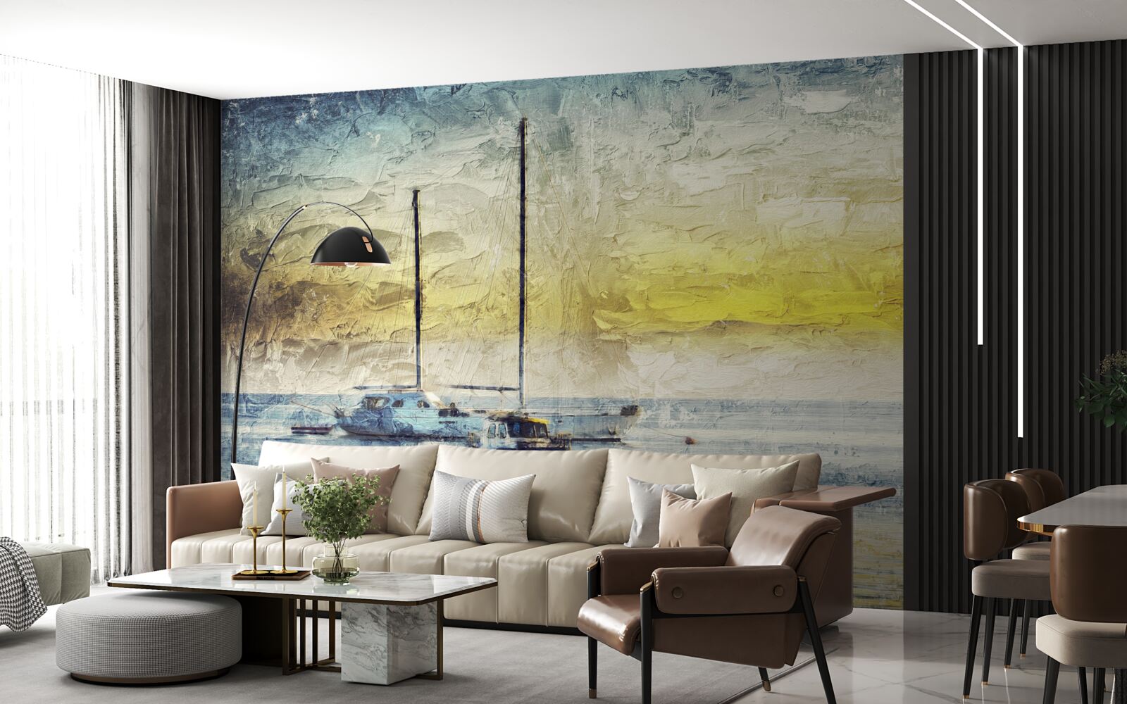 Fotobehang zonsondergang kleurt de jachten in de baai