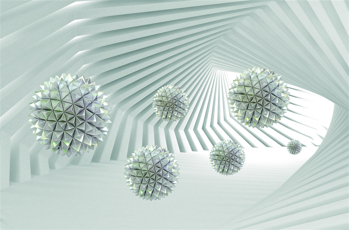 Fotobehang tunnel met geometrisch patroon en vliegende ballen