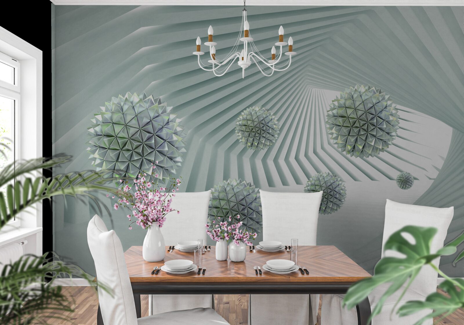 Fotobehang tunnel met geometrisch patroon en vliegende ballen