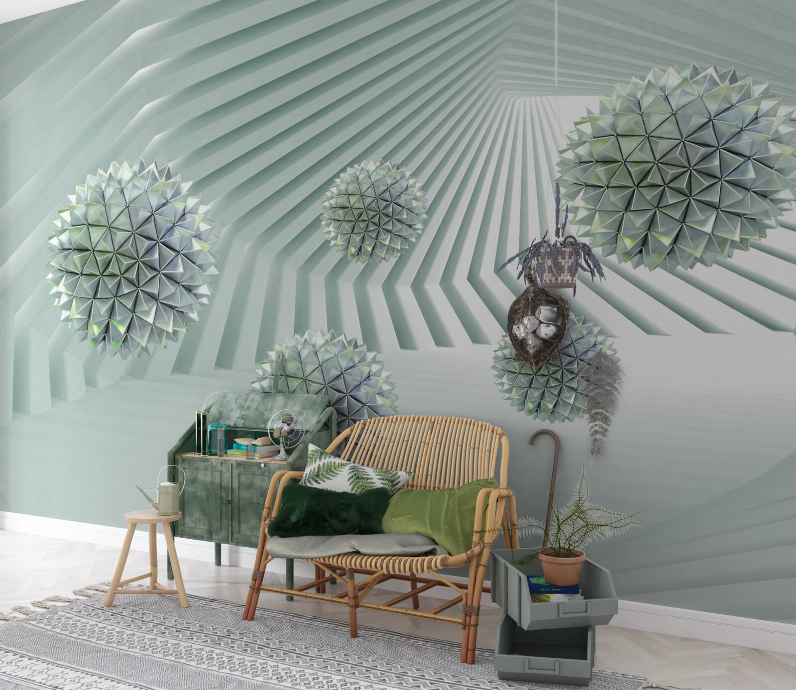 Fotobehang tunnel met geometrisch patroon en vliegende ballen