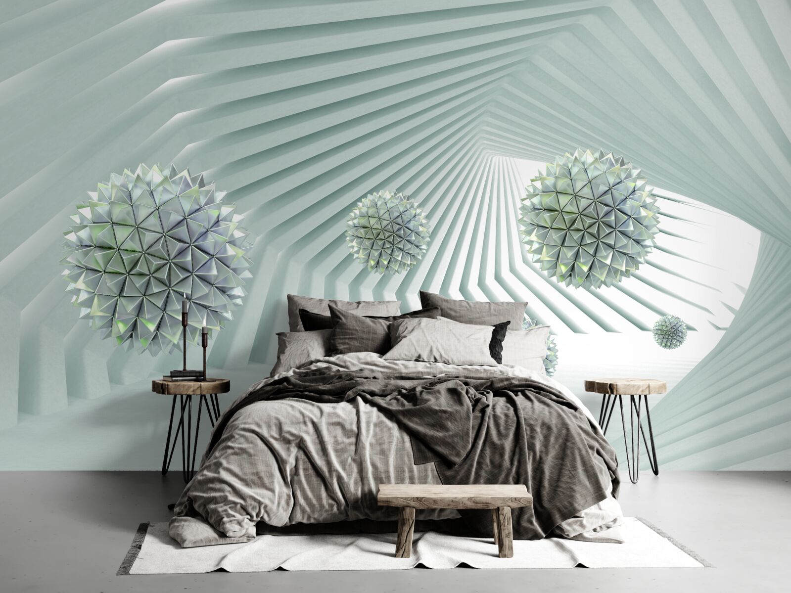 Fotobehang tunnel met geometrisch patroon en vliegende ballen