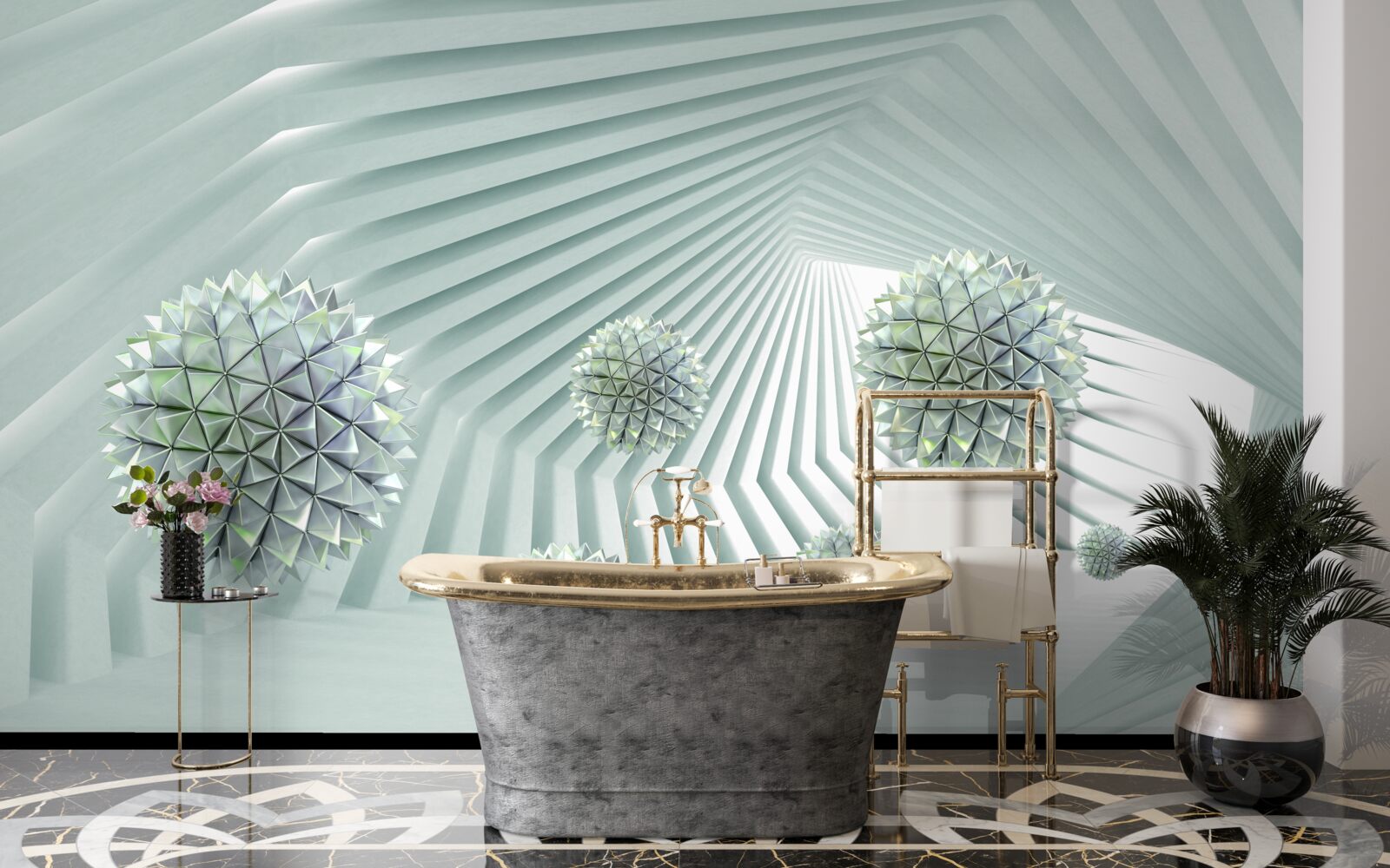 Fotobehang tunnel met geometrisch patroon en vliegende ballen