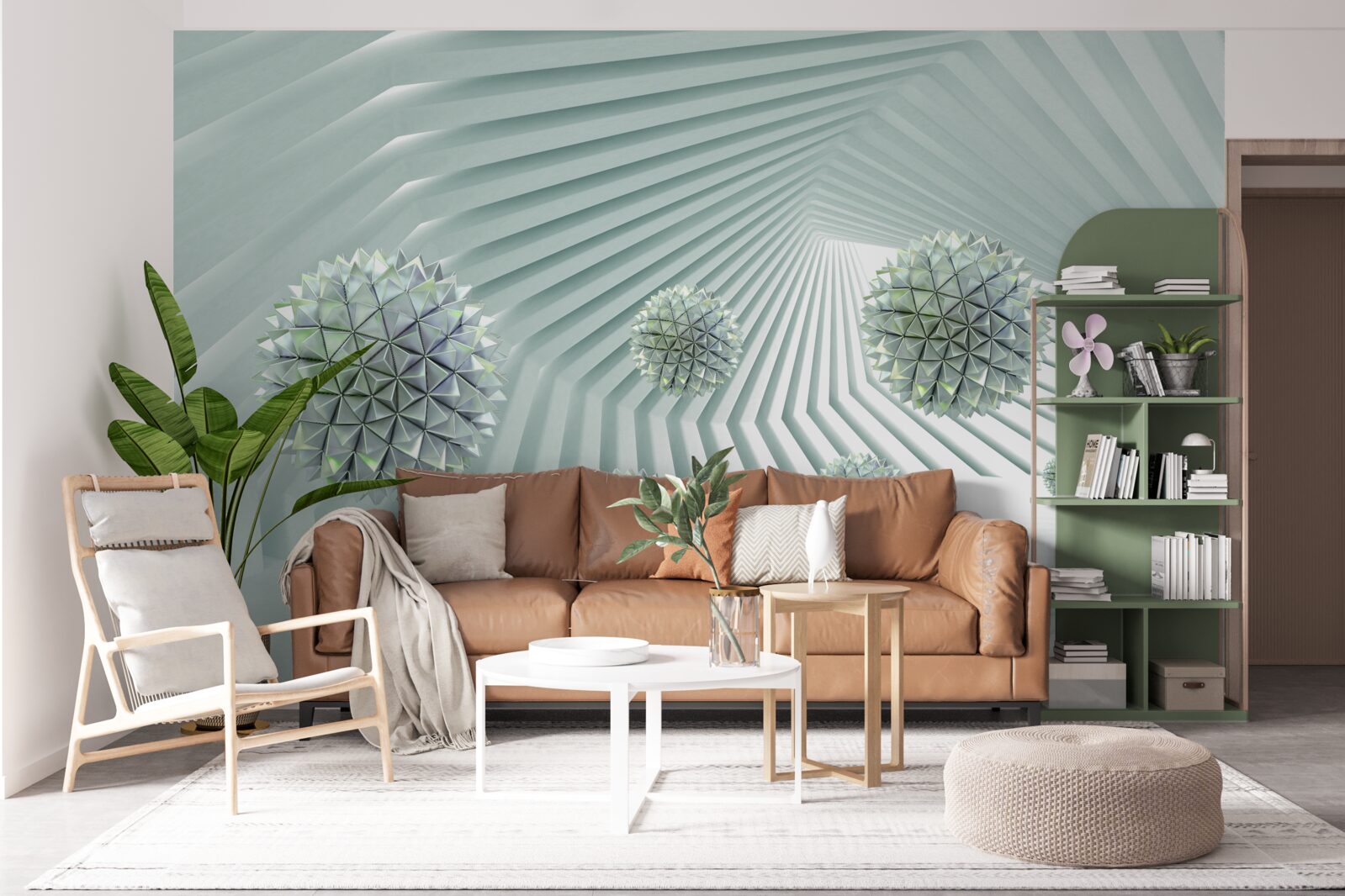 Fotobehang tunnel met geometrisch patroon en vliegende ballen